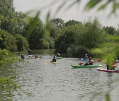 Groups of people Kayaking on the river.