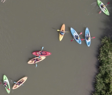 A top view picture of people paddling on the river.